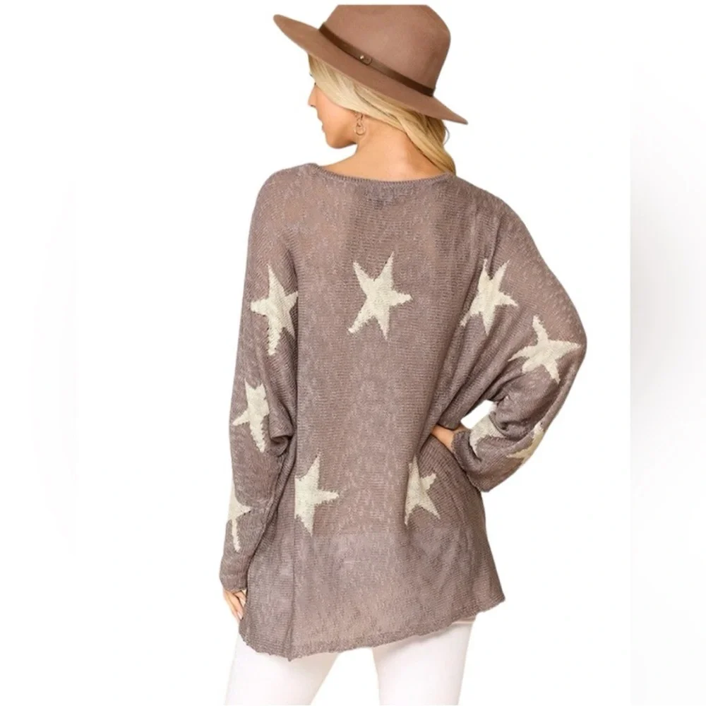 New Lavender Loose Knit Oversized Tunic Sweater Cream Star Print Size Medium - Picture 3 of 10